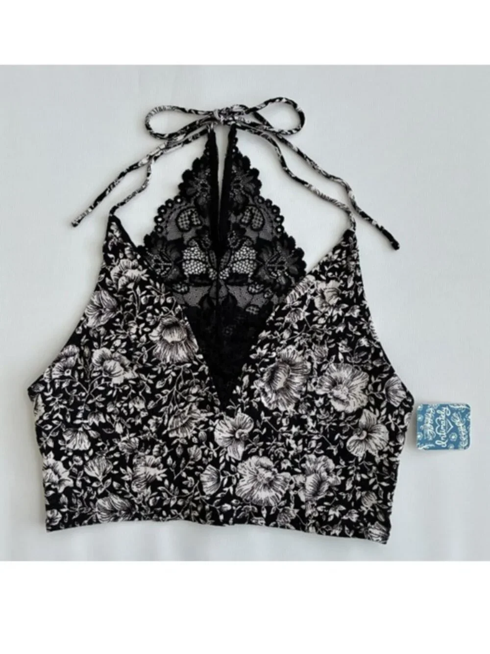Free People Lace Racerback Brami Cami Top Black Floral Halter M
